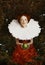 Vintage. Stylized Red Hair Woman in Retro Jabot with Green Apple