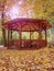 Vintage stylized wooden  mountain shelter against sun beams