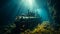 Vintage submarine amidst an underwater coral landscape. Concept of underwater exploration, marine vehicle, ocean