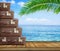 Vintage suitcase on wooden board on sea and palm tree background