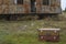 Vintage suitcases on green grass