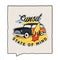 Vintage summer adventure badge illustration design. Surfing Life emblem with retro woodie car on the beach, surfboard