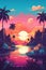 Vintage summer camp poster in flat illustration style with retro wave synth colors background