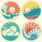 Vintage sun and sea waves. Vector icons of illust