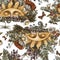 Vintage sun seamless pattern with woodland treasures, Amanita mushroom, fern