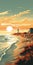 Vintage Sunset Beach Painting: Montauk Printmaking In New York