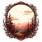 Vintage Sunset Forest Landscape In Ornate Circular Frame