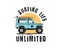 Vintage Surf Emblem with retro woodie car. Surfing Life Unlimited typography. Included surfboards, road and sun symbols