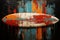 Vintage surfboard on colored background, style 1960s California beach culture.