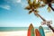 Vintage surfboard with palm tree on tropical beach in summer.