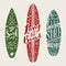 Vintage surfboards typographic illustrations vector design