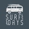 Vintage Surfing Graphics and Poster for web design or print. Surfer banner with van, rv and typography sign - surf days