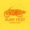 Vintage Surfing tee design. Retro Surf fest t-shirt Graphics and Emblem for web design or print. Surfer motorcycle logo