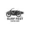 Vintage Surfing tee design. Retro Surf fest tshirt Graphics and Emblem for web design or print. Surfer motorcycle logo