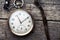 Vintage swiss pocket watch with a leather strap on the wooden boards