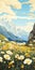 Vintage Swiss Style Poster Mountain Landscape With Rocks And Flowers