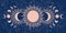 Vintage tarot banner, sun and moon phases, full moon on blue background. Mystical background for astrologer, zodiac