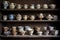 vintage teacups arranged on antique shelf