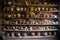 vintage teacups arranged on rustic wooden shelves