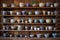 vintage teacups arranged on wooden shelves