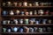 vintage teacups arranged on wooden shelves