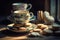 Vintage Teacups and Heart-Shaped Cookies on Rustic Table