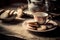 Vintage Teacups and Heart-Shaped Cookies on Rustic Table