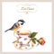 Vintage teatime card with cute watercolour bird, tea cup, rose flower