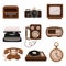 Vintage technologies set, retro radio, photo camera, tv, typewriter, payphone, vinyl player, pocket watch vector