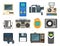 Vintage technologies vector retro audio multimedia entertainment old electronic gadget communication illustration.