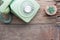 Vintage telephone and cactus plant on wooden table, Top view