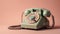 A vintage telephone with a cord and rotary dial set against a pastel-colored background created with Generative AI