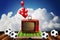 Vintage television on open book of football field with footballs beside, Watch football game