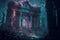 Vintage temple in dark jungle, old ruins in fantasy tropical forest, generative AI