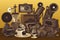 Vintage things and objects. Flea market or antiques shop banner