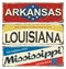 Vintage tin sign collection with America state. Arkansas. Louisiana. Mississippi. Retro souvenirs or postcard templates on rust ba