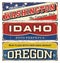 Vintage tin sign collection with America state. Washington. Idaho. Oregon. Retro souvenirs or postcard templates on rust