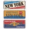 Vintage tin sign collection with US citY. New York. templates on rust background.