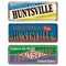 Vintage tin sign collection with US. Huntsville City. Retro souvenirs or old paper postcard templates on rust background