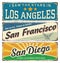 Vintage tin sign collection with USA cities. Los Angeles. San Francisco. San Diego. Retro souvenirs.