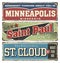 Vintage tin sign collection with USA cities. Minneapolis. Saint Paul. St. Cloud. Retro souvenirs.