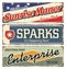 Vintage tin sign collection with USA cities. Sunrise. Sparks. Enterprise.