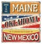 Vintage tin sign collection with USA state. Maine. Oklahoma. New Mexico. Retro souvenirs or postcard templates on rust back