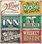 Vintage tin signs collection with various drinks and beverages themes