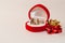 Vintage tiny silver Christmas nativity scene in a velvet red heart-shaped little box