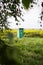 Vintage toilet in the middle of a field of flowers. An outdoor rustic green toilet with a heart cut out on the door