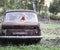 Vintage toned photo of the old bear toy on the retro rusty car outdoors