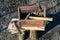 Vintage Toolbox with tools. Old wooden box with building tools, boards for repair.