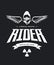 Vintage toxic rider in gas mask vector logo isolated on dark background.