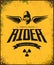 Vintage toxic rider in gas mask vector logo on yellow background.